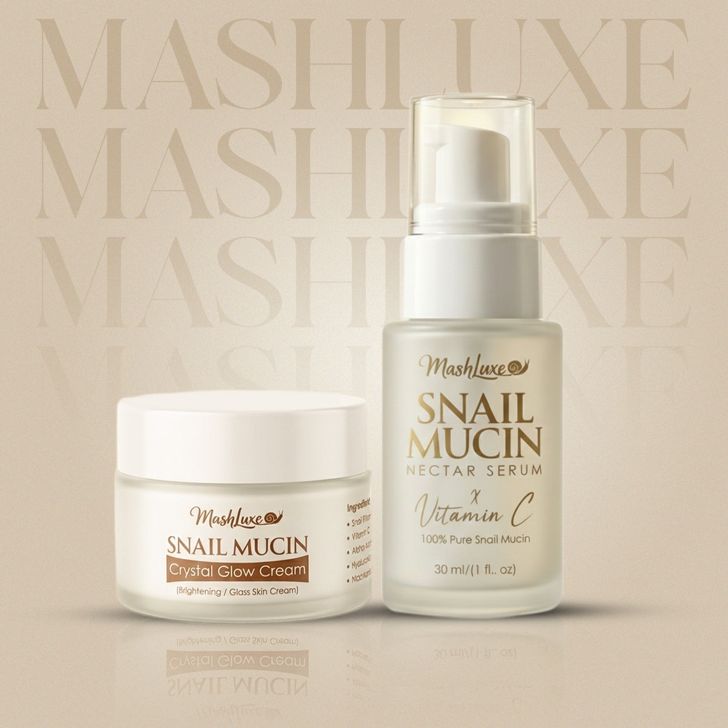 Mashluxe Snail Mucin Crystal Glow Cream & Snail Mucin Vitamin C Serum 30ml Combo