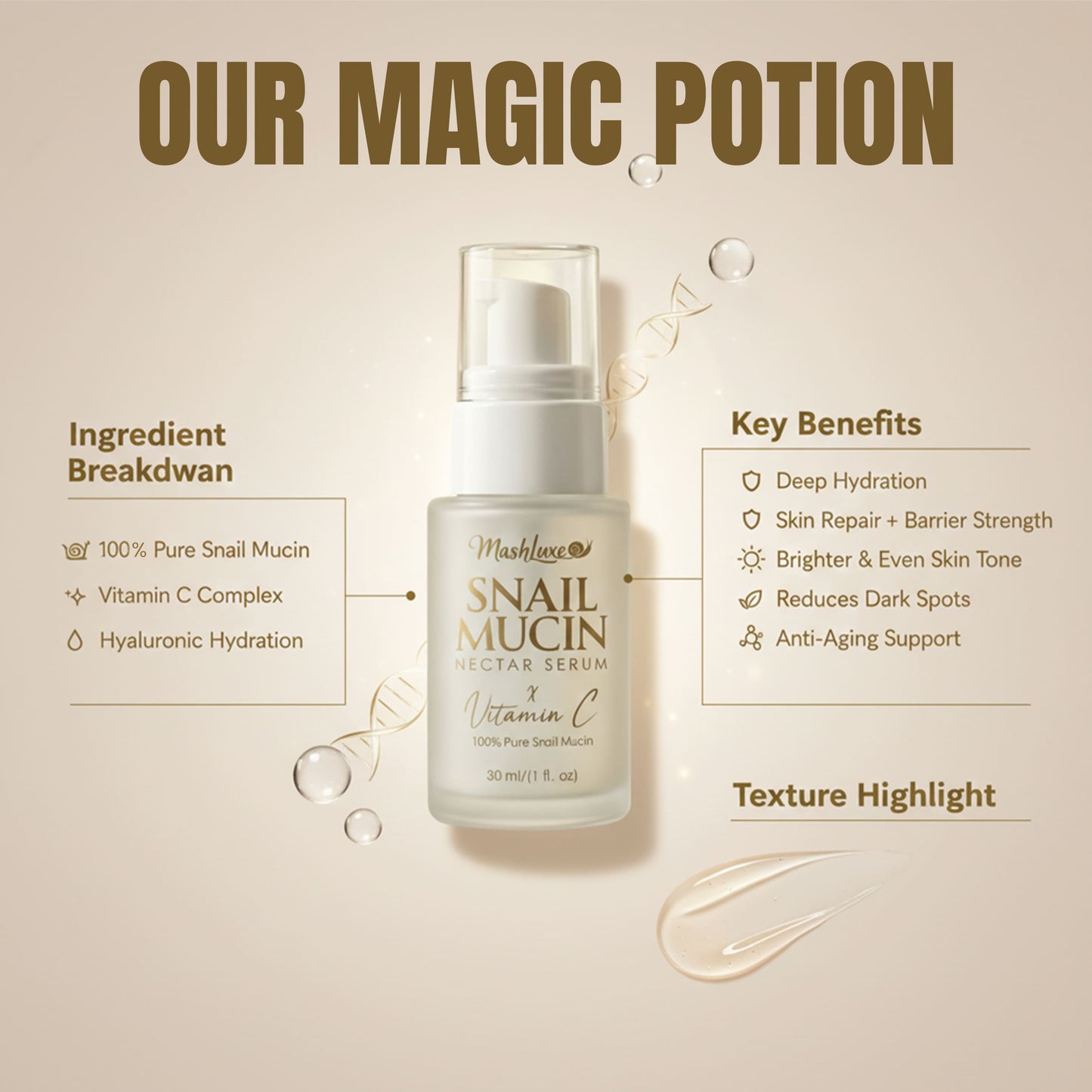 Mashluxe Snail Mucin Vitamin C Serum 30ml